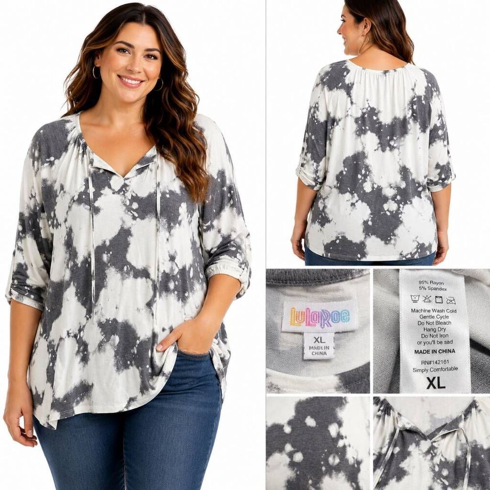 LuLaRoe XL Gray White Tie Dye Perfect Tee Tunic Top